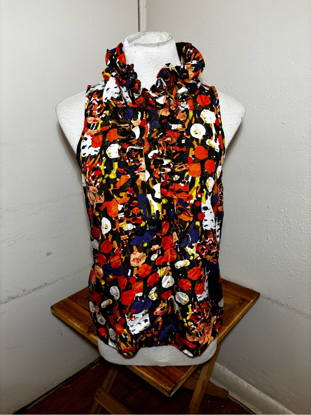 J Crew Sleeveless Ruffle Front Silk Top